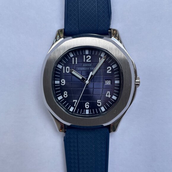 AQUANAUT STYLE QUARTZ WATCH STAINLESS STEEL BLUE FACE UPGRADED RUBBER STRAP !! - Picture 1 of 2
